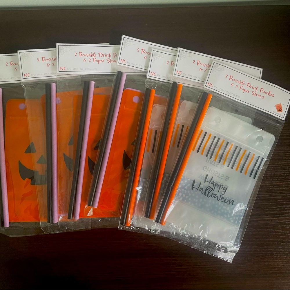 Bundle of 14 reusable Halloween cocktail party drink pouches and paper straws